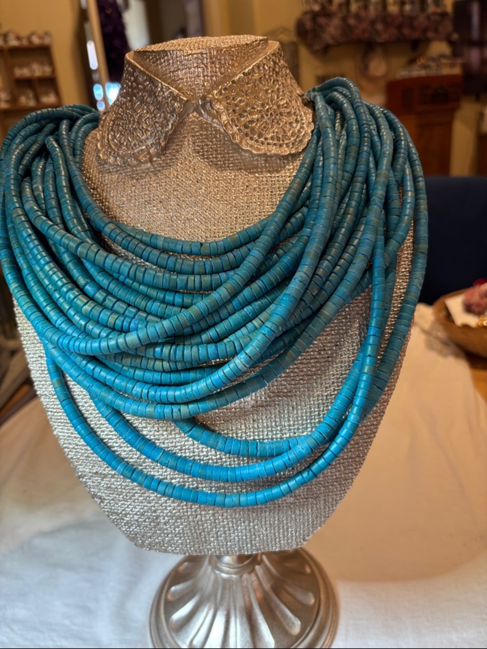 Wood Layered Turquoise Dyed Heishi Bead Necklace